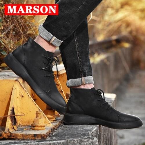 MARSON Couples Casual Flats Boots Short Shoe Ankle Short Boot Comfortable Waterproof Outdoor Hiking Leather Footwear Plus Size