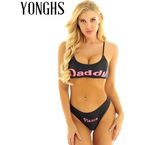 Womens Lingerie Bikini Set for Sex Anime Cosplay Costume Yes Daddy Printed Mini Camisole Bra Crop Tops with Briefs Underwear Set
