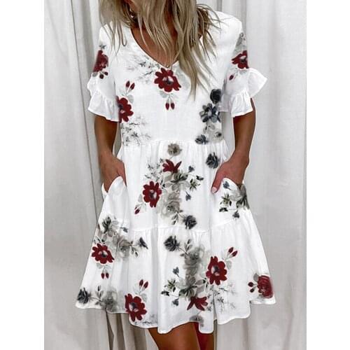 Women Ruffles Mini Dress Elegant A-Line Sexy V-Neck Floral Print Vintage Dresses Female Loose Pocket Casual Party Vestidos