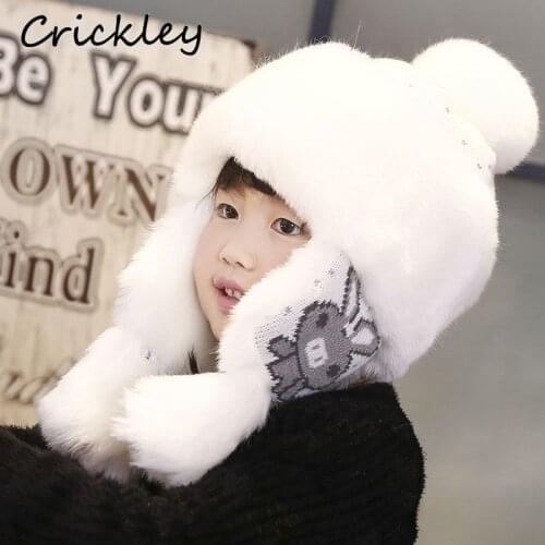 Winter Warm Plush Children Hat Fur Big Ball Ushanka for Toddler Boys Girls Cartoon Pattern Soft Earflaps Cap Kids Mongolian Hat