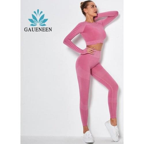 GAUENEEN Seamless Yoga Set Gym Clothing Sportwear Long Sleeve Crop Top High Waist Leggings Fitness Suit Women Two Piece Set