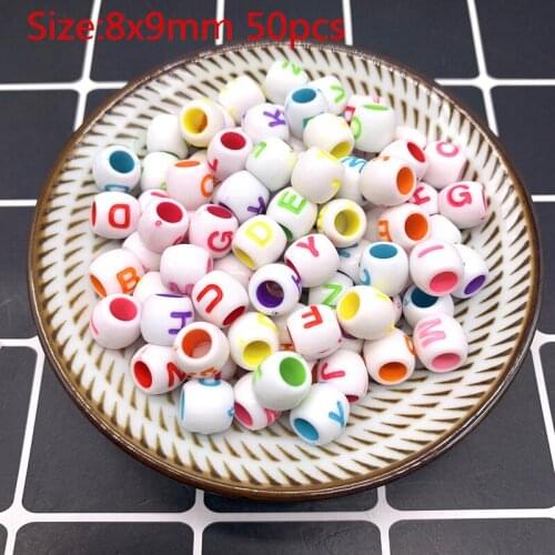 50pcs 8x9mm Mixed Letter Acrylic Beads Round Flat Alphabet Digital Cube Loose Spacer Beads For Jewelry Making Bracelet #10