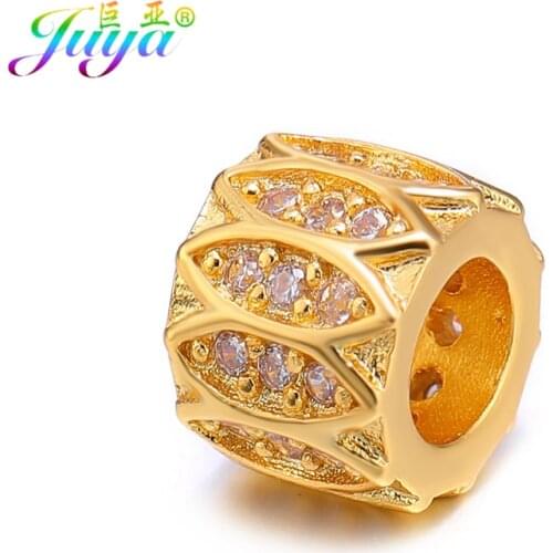 Juya 4pcs/lot Wholesale Charm Beads Micro Pave Zircon Big Hole Tube Beads For Handmade Natural Stones Beadwork Jewelry Making