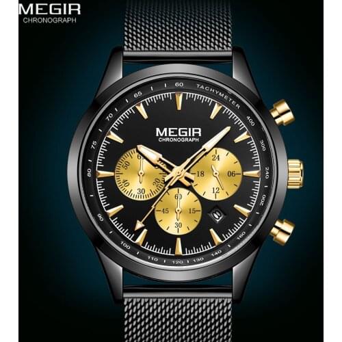 MEGIR Fashion Mesh Strap Sports Wristwatch 2020 Luxury Waterproof Luminous Watches Men Black Gold Chronograph Quartz Watch 2153
