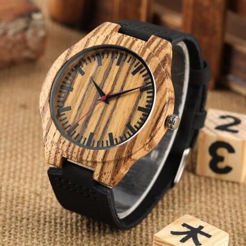 Clock Stripe Wood Man Watch Simple Mens Black Watch Clock Male Genuine Leather Band Quartz Wristwatch Hour Clock Gifts for Men