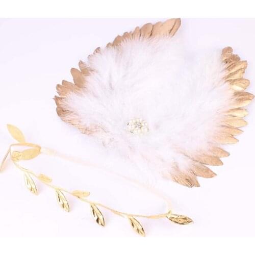 Infant Baby Feather Lace Pearl Flower Leaves Headband & Angel Photo Props