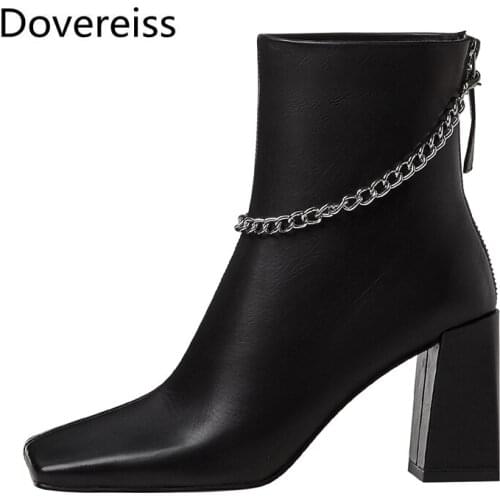Dovereiss Fashion Womens Shoes Winter new Square toe Elegant Back zipper Metal chain Concise Ankle boots Mature 34-42
