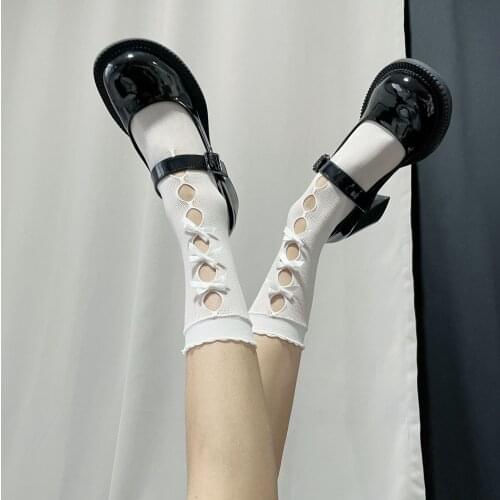 French Style Women Fishnet Lace Stockings Lovely Girls High Knee Socks Long Socks Hollow Out Cute Bowknot Socks Student
