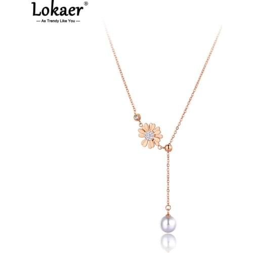 Lokaer Stainless Steel Clay Rhinestone Daisy Flower Charm Pendant Necklaces Trendy White Pearl Choker Necklace For Women N21103