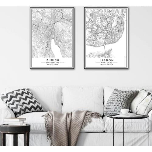 Minimalist City LISBON ZURICH Map Travel Canvas Painting Black White Wall Art Pictures Posters Prints for Living Room Home Decor