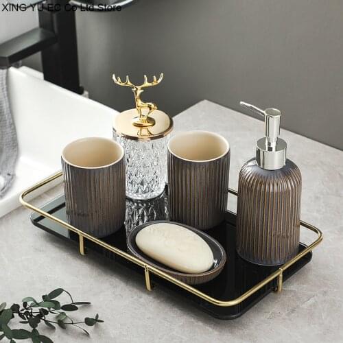 Japanese Brown Ceramic Bathroom Supplies Set Toothpaste Dispenser Household Mouthwash Cup Storage Tray Soap Dish Lotion Bottle