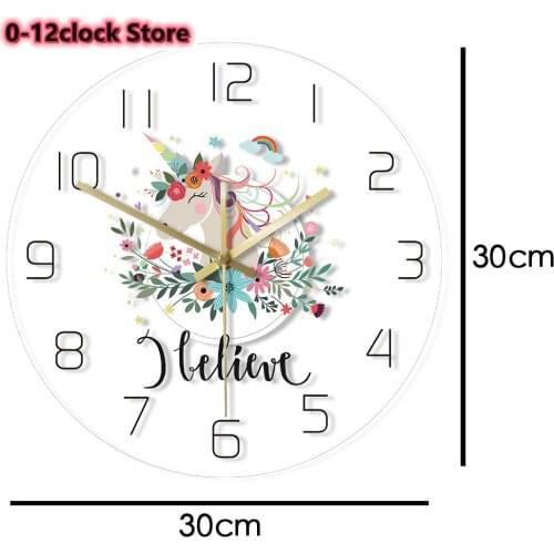 I Believe Rainbow Unicorn With Flower Crown Modern Design Watercolour Print Wall Clock Nursery Slient Quartz Saat Girl Room Deco