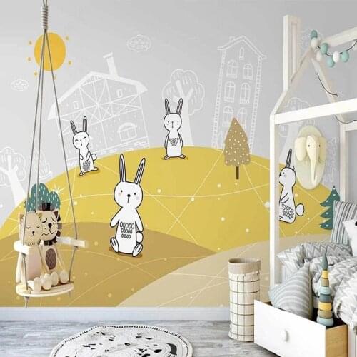 Nordic Hand Drawn Cartoon Rabbit Cute House Mural Wallpaper Living Room Childrens Bedroom Wall Cloth Home Decor Papel De Parede