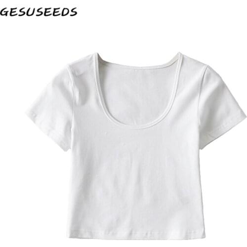 Casual t shirt women vintage knitted shirts korean style women short sleeve tees ladies u neck top white woman tshirts 2021