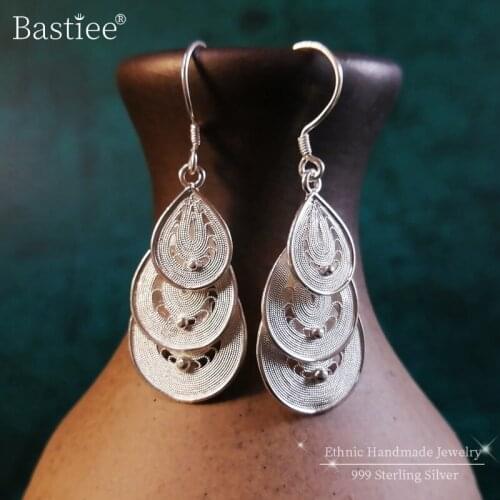 Drop 999 Sterling Silver Feather Earrings For Women Luxury Jewelry Vintage Handmade boucles d oreille femme bijoux oorbellen