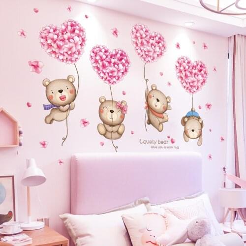 [shijuekongjian] Pink Flowers Balloons Wall Stickers DIY Bear Animals Wall Decor Decals for Kids Bedroom Nursery Home Decoration