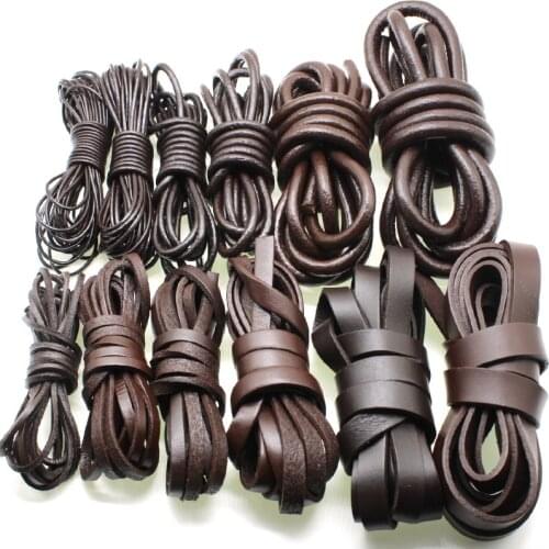 2Meter 1.5 2 3 4 5 6 8 MM Brown Color Real Genuine Leather Cord Round Flat Rope String for DIY Necklace Bracelet Jewelry Cord