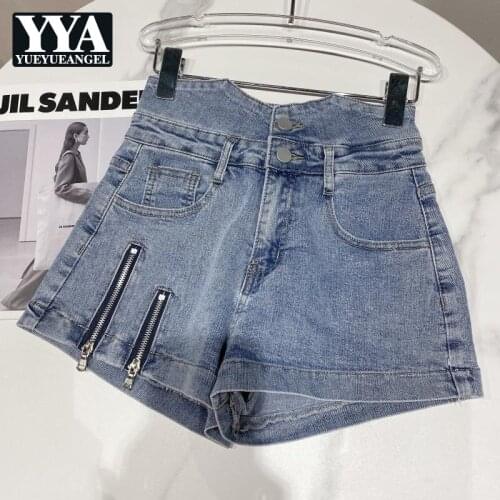 Summer Women Zippers Denim Shorts Casual Streetwear Pockets Straight Slim Fit Trousers Female Harajuku High Waist Fashion Shorts