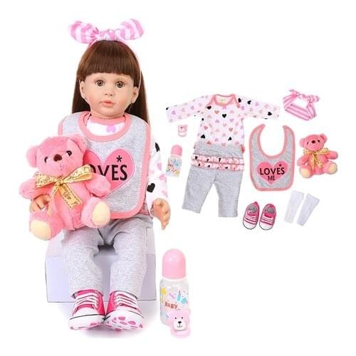 Silicone Reborn Dolls 60cm Alive Toddler Realistic Lifelike Real Girl Baby Doll With Brown Hair For Birthday Christmas Play Gift