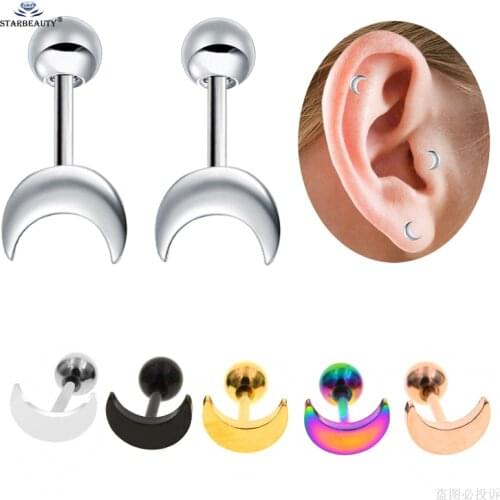 Starbeauty 2 pcs/lot 18G 6mm Tiny Moon Ear Jewelry Stud Earrings Tragus Piercing Helix Piercing Oreja Cartilage Earring Pircing