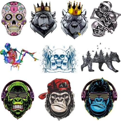 Prajna Iron On Transfers For Clothing Skull Patch Heat Transfer Vinyl Punk Bear Orangutan Thermal Stickers On Clothes Applique