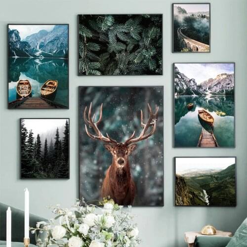 Misty Forest Lake Boat Home Wall Art Nordic Canvas Painting Nature Landscape Picture Poster Living Room Decoration Picture Decor