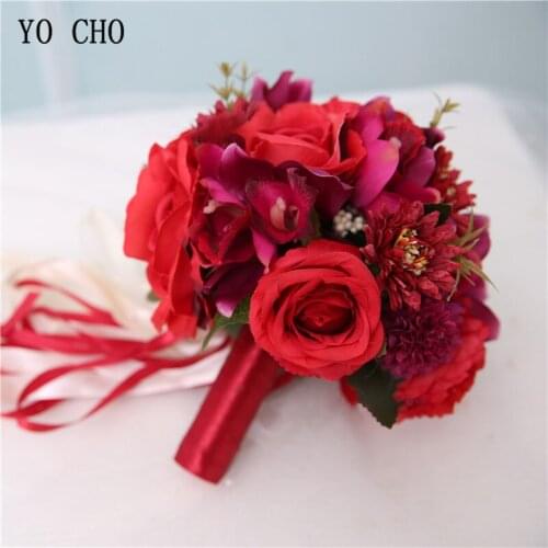 YO CHO Silk Roses Artificial Flowers Wedding Bouquet Bridal Bridesmaids Bouquet Holder Wedding Bouquet in Red Champagne Marriage