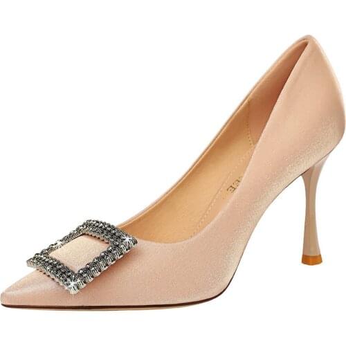 2020 spring and autumn fashion high heels women stiletto pointed rhinestone square buckle single shoes black large size