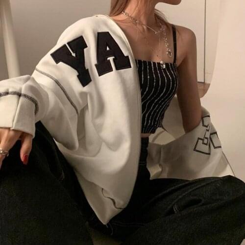 B-TOTO American Street White Hooded Letter Sweater Jacket Female Zipper Ins Tide Cardigan 2021 New Fashion