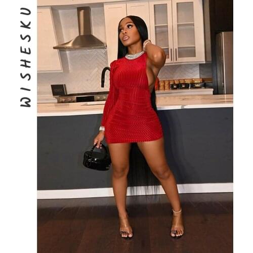 Women One Shoulder Mini Dresses Sexy Hollow Out Long Sleeve Elegant Wrap Hip Nightclub Prom Casual Party Summer Dresses