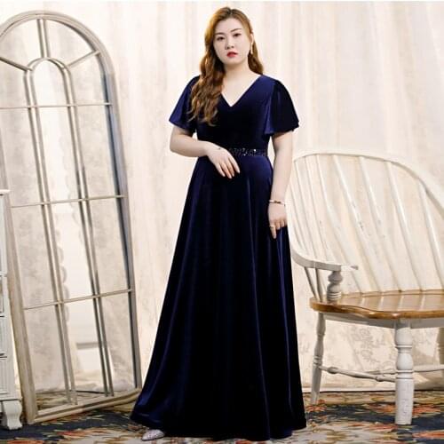 Evening Dress V-Neck Short Sleeves Beads Empire Simple A-Line Floor-Length Velour Navy Blue Plus Size Women Formal Gowns D858
