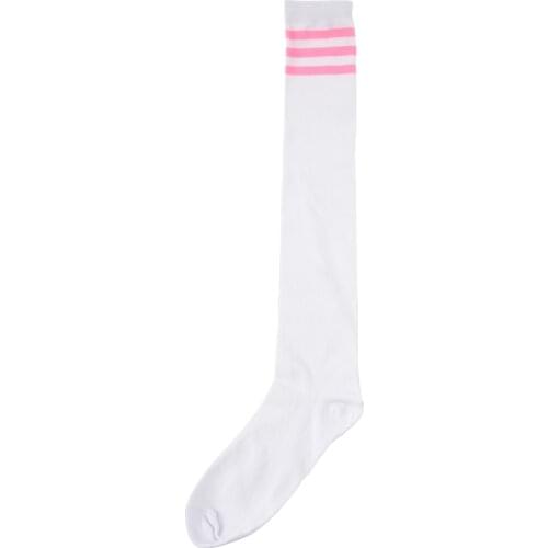 1pair Womens Athlete Thin Stripes Solid Thigh Highs Tights Over Knee Socks White w Pink