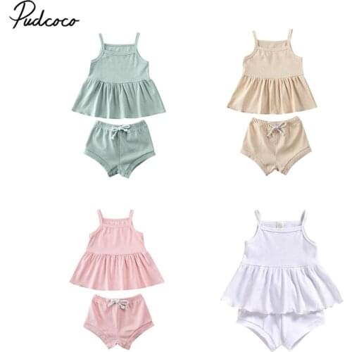 2020 Toddler Kids Baby Girl Clothes Solid Sleeveless Vest Tops Dress+Shorts Pants Summer Cloth 2Pcs/Set Pajamas Outfit 0-24M