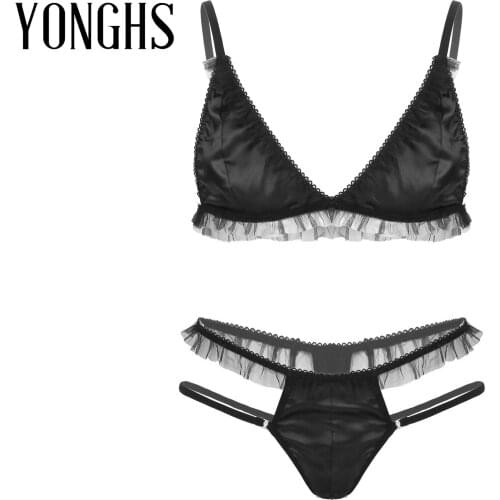 2Pcs Mens Sissy Crossdresser Lingerie Set Leather Lace Trimmed Underwear Bra Tops and G-string Briefs with Lace Sex Costume