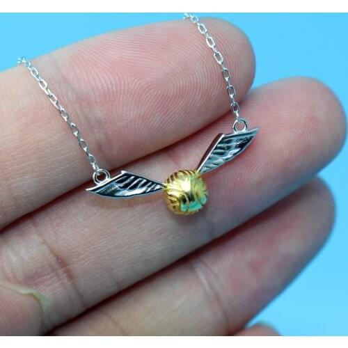 925 Sterling Silver Golden Snitch Pendant Necklace The Deathly Hallows Wing Charm Quidditch Gold Color Snitch Necklace