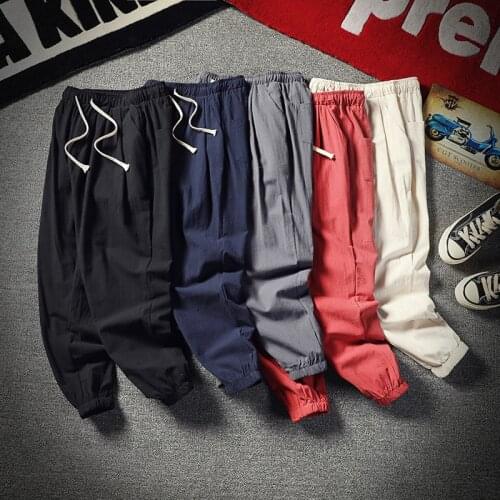 2021 summer large linen pants mens thin loose casual pants Harlan Pants Capris cotton linen pants mens