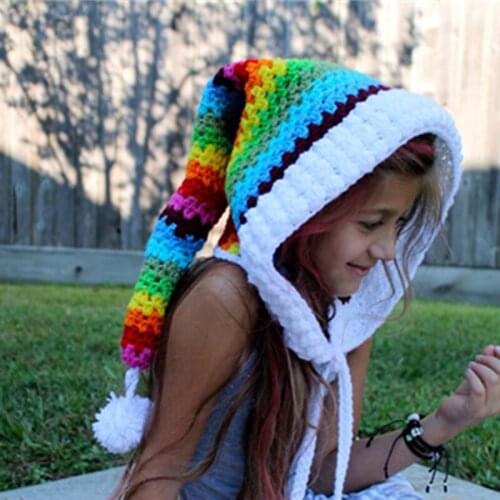 Kids Rainbow False Collar Elf Hat Winter Hats Handmade Crochet Elf Beanie Hat Children Warm Knitted Hooded Cap Boy Girl Xmas Cap