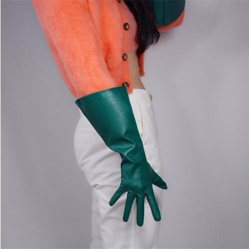TECH LONG GLOVES Unisex Dark Green Faux Leather 38cm Wide Balloon Puff Sleeves Male Female Gloves PU155