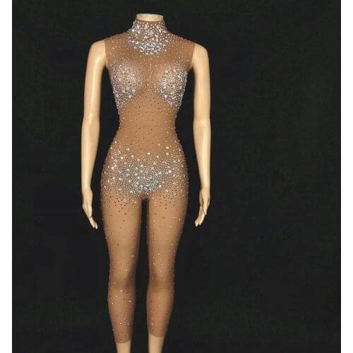 Sexy Tan See Through Mesh Silver Rhinestone Jumpsuit Transparent Leggings Dancer Prom Outfit Evening Birthday Celebrate Rompers