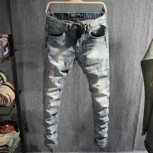 European Vintage Fashion Men Jeans Retro Light Blue Elastic Slim Fit Ripped Jeans Men Korean Style Designer Casual Denim Pants