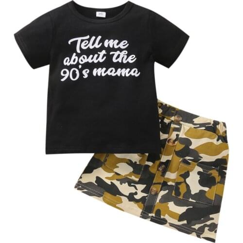 FOCUSNORM 1-6Y Summer Casual Kids Girls Clothes Sets 2pcs Letter Printed T Shirts Tops Camouflage A-Line Skirts