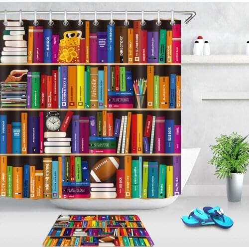Football Library Bookcase Shower Curtain Bath Mat Fabric Polyester Waterproof Curtain For Bathroom Decor Accessories with Hooks