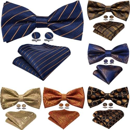 Luxury Gold Silk Pre-Bow Tie For Men Bow Tie Butterfly Handkerchief Cufflinks Set Wedding Party Suit Vest Fashion Barry.Wang
