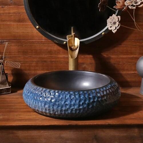 Peacock Blue Pattern Art Table Basin Bathroom Ceramic Washbasin Household round Inter-Platform Basin Retro Table Wash Basin