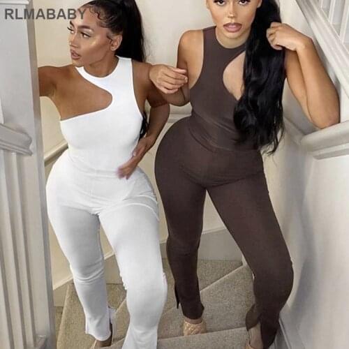 Fashion Asymmetrical One Shoulder Sleeveless Bodysuit High Waist Hem Splits Pants Trousers 2 Piece Set Women Elastic Sexy Set