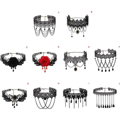Gothic Punk Style Gem Decoration Women Black Lace Beads Choker Collar Necklace Chocker Jewelry Fashion