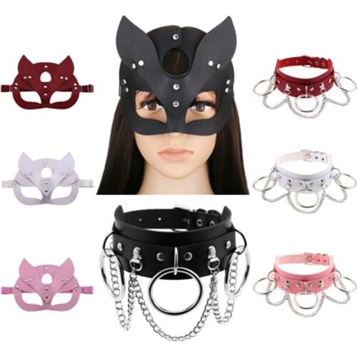 Sexy Leather Mask Women Bdsm Collar Choker Necklace Fetish Erotic Masquerade Carnival Cosplay lovely Bunny Mask Adult Party Mask