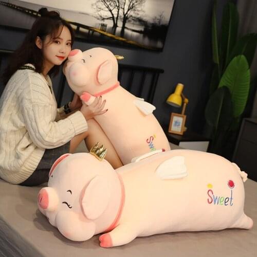 1pc 60CM Cute Angel Lying Pig Plush Toys Stuffed Soft Animal Smile Crown Pig Pillow Sofa Cushion for Children Baby Birthday Gift