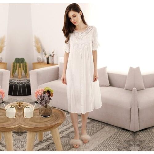 Spring Summer Cotton Womens Nightdress Sexy Lace Nightgown V-neck Nightdwear Lady Court Style Retro Large Size Home Clothes