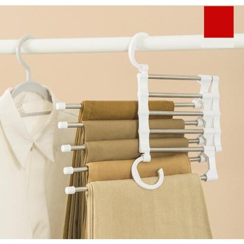 5 In1 Save Space Pants Hanger Collapsible Towel Tie Hook Multi-functional Clothes Trouser Rack Wardrobe Closet Organizer Storage